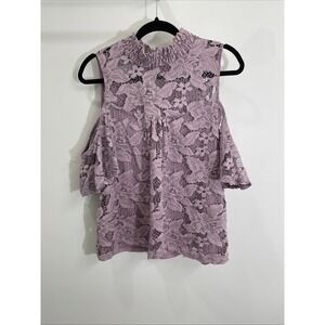 G Collection Women Size Lg mauve shirt Lace Mock Neck Cold Shoulder Coquette